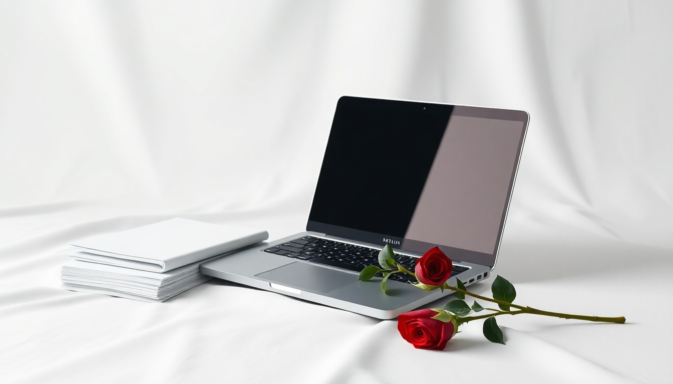 A minimalist studio still life featuring a sleek laptop, business documents, and a single red rose, symbolizing the transition of power and the lasting influence of Netflix co-founder Reed Hastings' leadership.