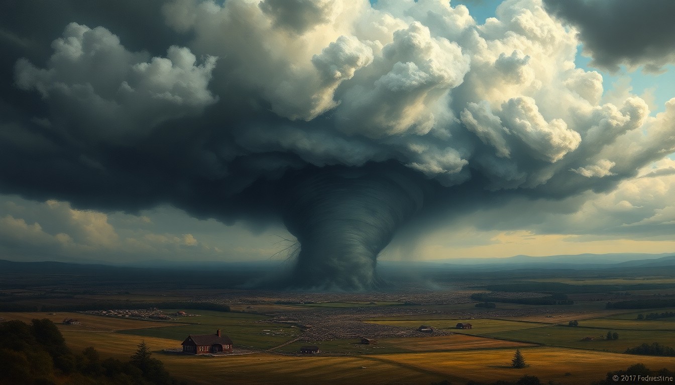 A sweeping, atmospheric landscape painting depicting a massive tornado ripping through a rural area, with debris and destruction dwarfed by the overwhelming scale of the storm.
