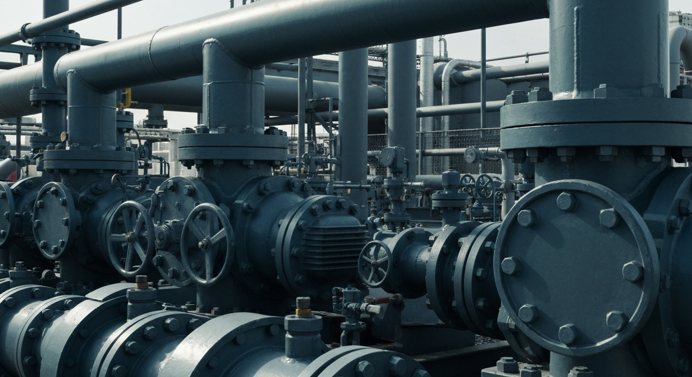 An extreme close-up of industrial machinery and equipment used in midstream energy infrastructure, conveying a sense of power, scale, and technical complexity without any text or identifiable branding.