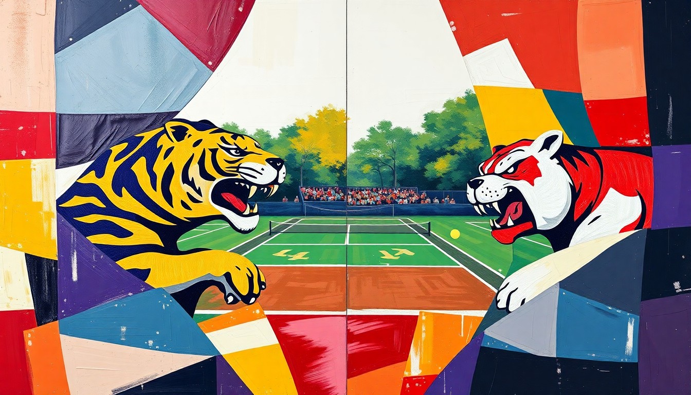 A fractured, cubist-style painting depicting the dynamic movements and competitive energy of a college tennis match, with overlapping geometric shapes in the official team colors of LSU and Georgia.
