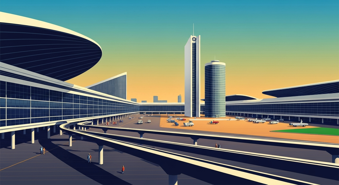 A bold, geometric illustration depicting the grand scale and transportation-focused architecture of Chicago's O'Hare International Airport, with sweeping airbrushed gradients and towering forced perspectives, conceptually representing the airport's operational challenges.