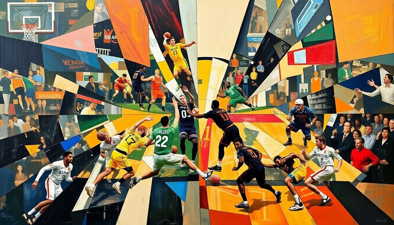 A cubist, geometric illustration depicting fragmented and overlapping sports imagery, representing the analytical approach to betting on today's featured games.
