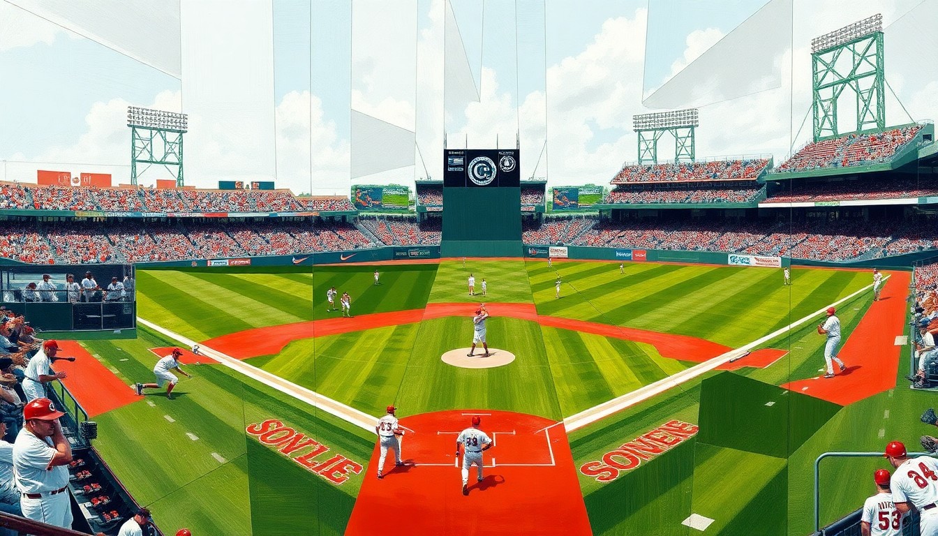 A fractured, cubist-style painting depicting the action and energy of a college baseball game, with players and the field broken down into sharp, overlapping geometric shapes and planes of color.
