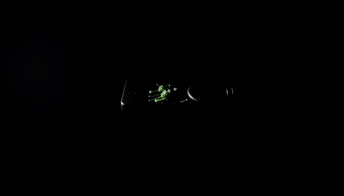 An extreme close-up photograph of a damaged car key or cell phone, lit by a harsh, direct camera flash against a pitch-black background, conceptually representing a critical piece of physical evidence in the disappearance of Ella Mae Begay.