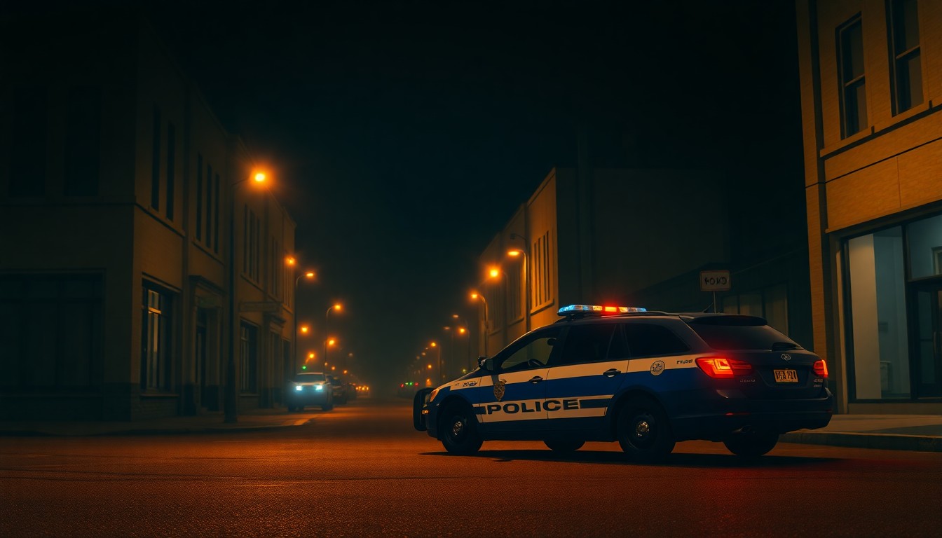 A dimly lit city street at night, with a solitary police vehicle parked under warm, diagonal sunlight and deep shadows, conveying a sense of urban melancholy and tension.