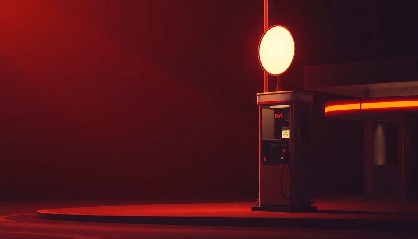 An extreme close-up of a lone gas pump on a shadowy city street, its surfaces reflecting warm sunlight and deep shadows, conveying a sense of isolation and nostalgia.