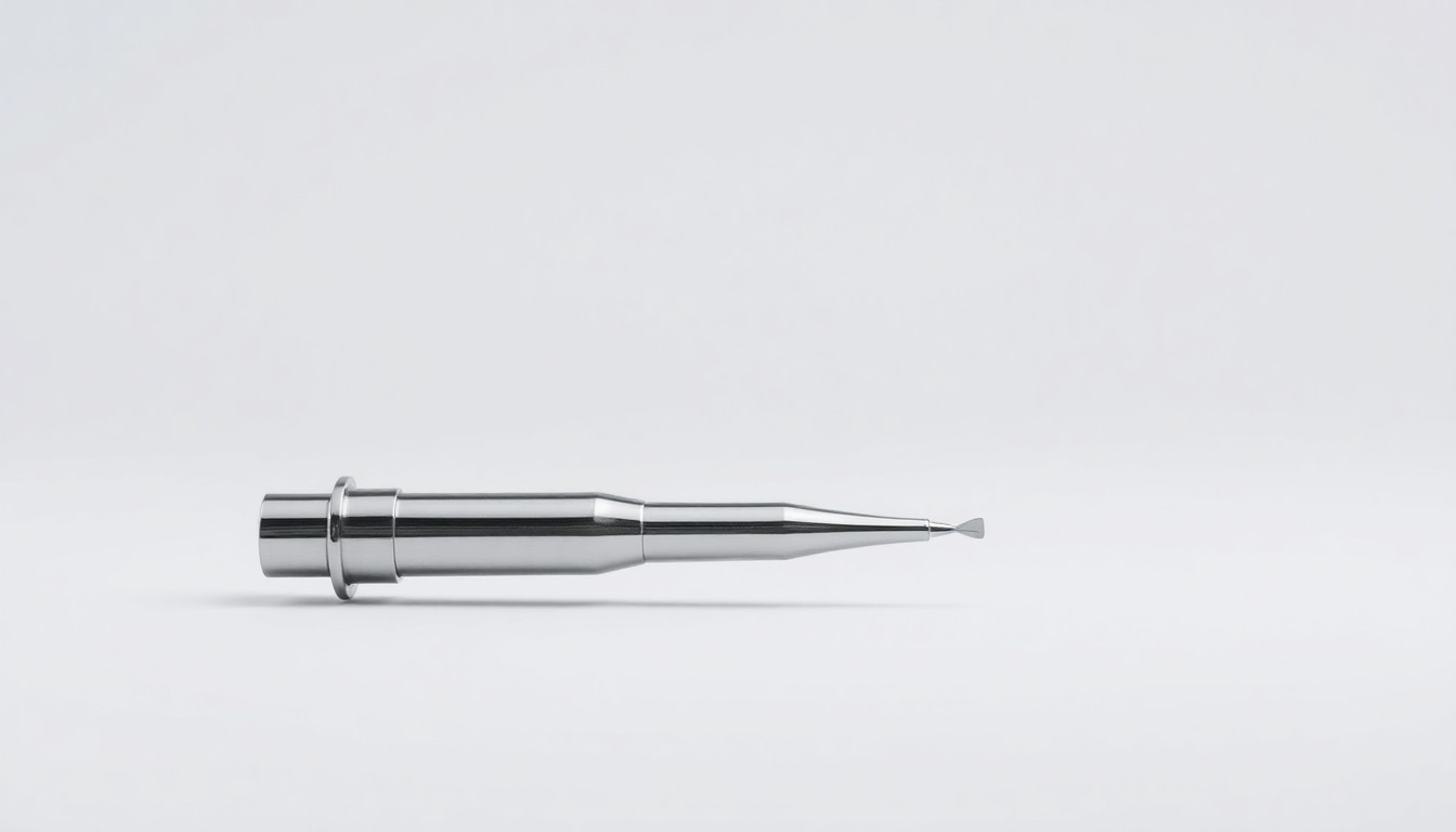 A highly detailed, photorealistic studio photograph of a sleek, metallic medical device or tool, dramatically lit to convey a sense of precision and innovation in the medical technology industry.