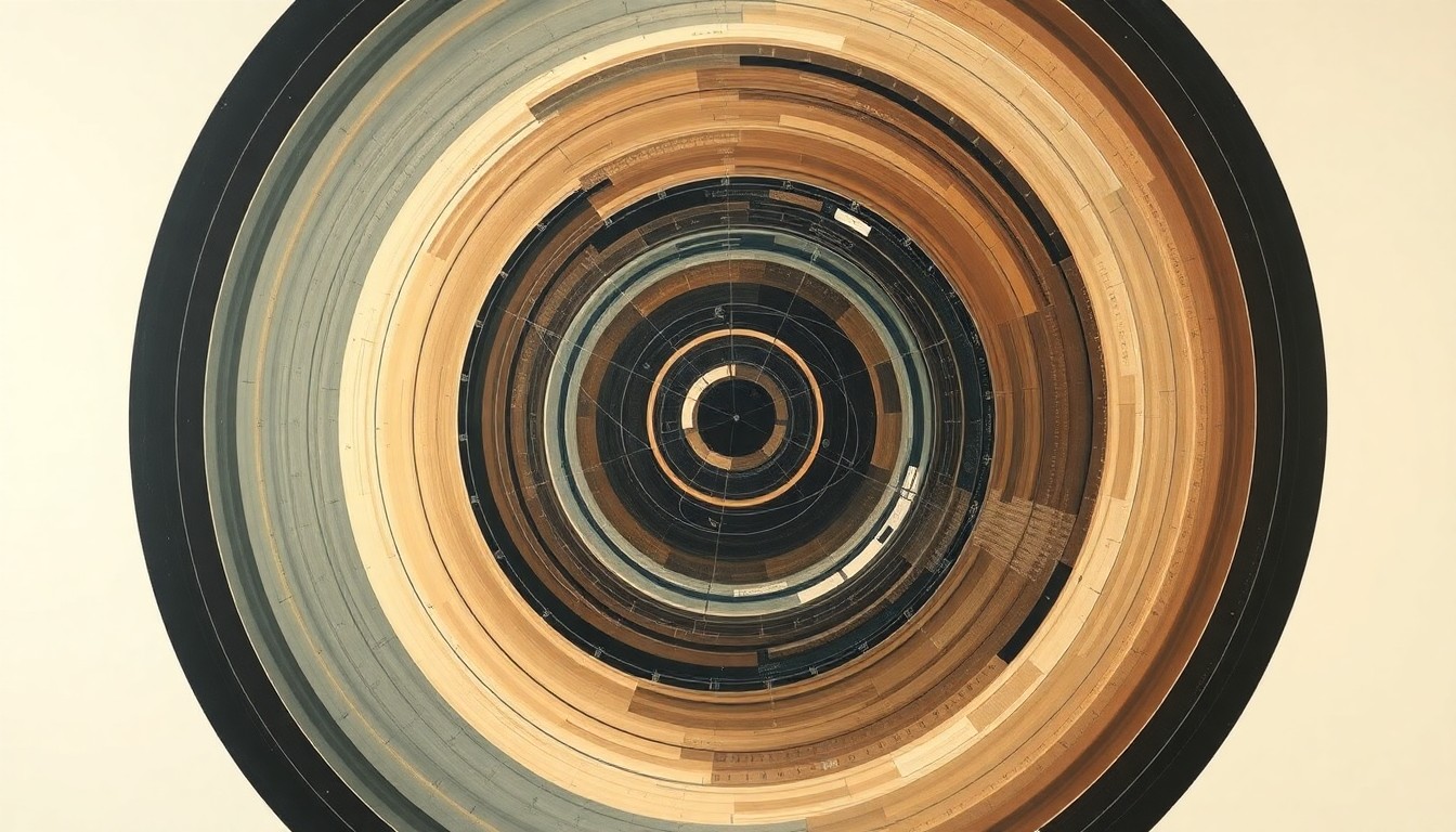 A bold, highly structured abstract painting featuring sweeping geometric arcs, concentric circles, and precise botanical spirals in soft colors, conceptually representing the complex scientific forces and concepts behind a child's ability to perceive environmental changes.