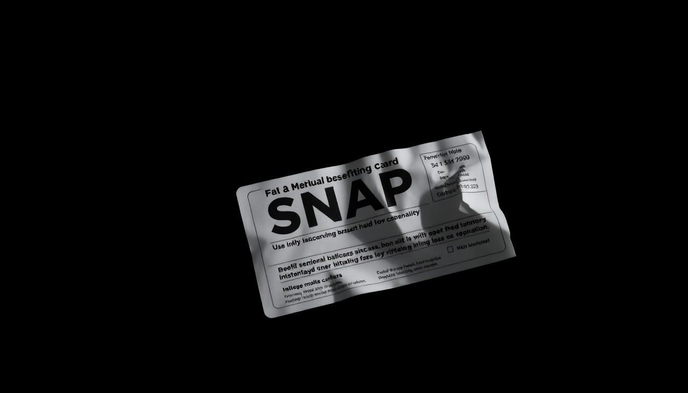 An extreme close-up of a crumpled SNAP benefits card reflecting a harsh, direct camera flash, conceptually illustrating the abuse of this critical food assistance program.