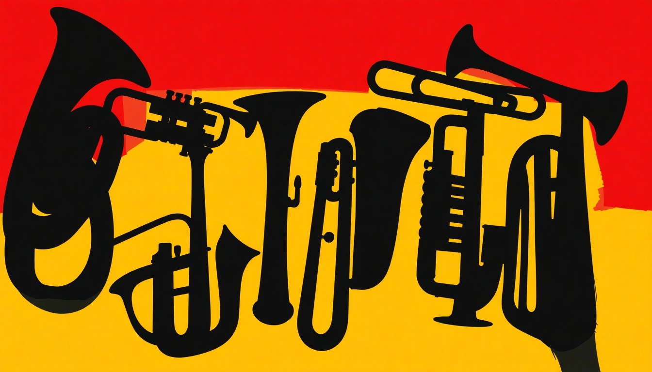 A striking abstract illustration featuring bold, angular black shapes representing the various brass instruments of the Iowa Brass ensemble, set against a vibrant red and yellow background, capturing the energy and artistry of the upcoming performance.