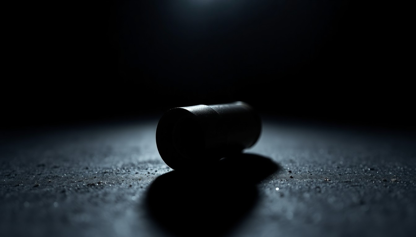 An extreme close-up of a spent shell casing reflecting a bright flash of light, conceptually illustrating the urgency to address gun crime in the city.