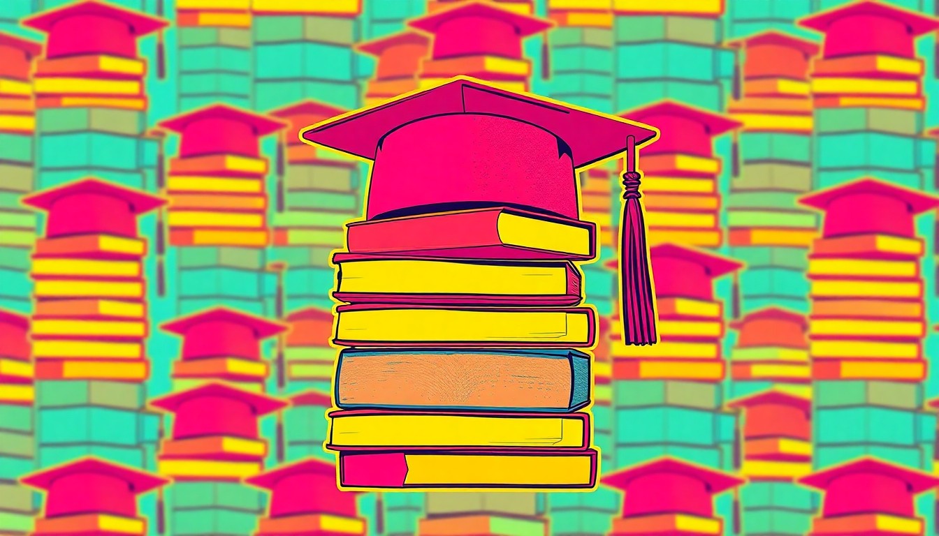 A brightly colored, high-contrast silkscreen print of a stack of textbooks and a graduation cap repeated in a tight grid pattern, conceptually representing the University of Phoenix's focus on aligning education to workforce needs and adapting to regulatory changes.