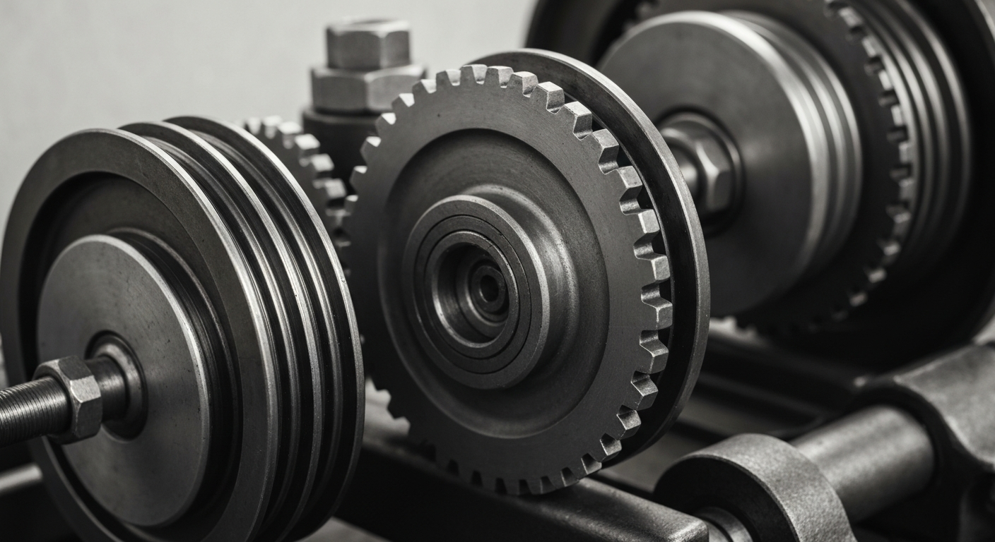 An extreme close-up photograph of interlocking metal gears and pulleys in muted industrial tones, conceptually representing the financial mechanics and infrastructure behind Smart Sand's operations.