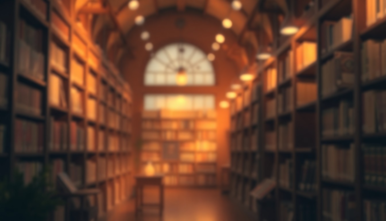 A blurred, impressionistic photograph of a cozy library interior, with warm lighting and soft, textured brushstrokes of color creating an inviting, atmospheric scene.