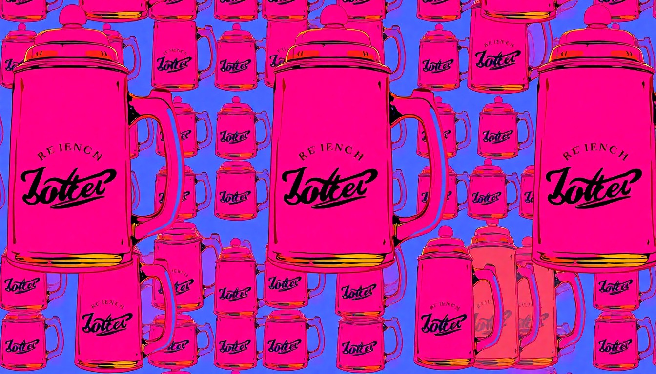 A vibrant, high-contrast silkscreen print featuring a repeated image of a classic beer stein in a grid pattern, conceptually representing the lively atmosphere and social energy of a community trivia event.