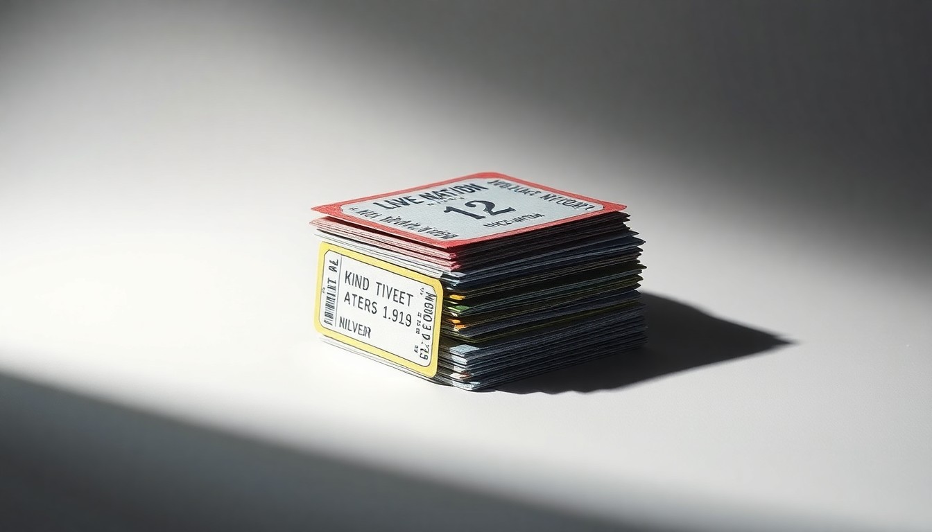 A high-end, photorealistic studio still-life photograph featuring a stack of crumpled ticket stubs in various colors, representing the inflated ticket prices and lack of consumer choice caused by the monopolistic practices of Live Nation and Ticketmaster. The tickets are arranged elegantly on a clean, monochromatic seamless background, using sharp, dramatic studio lighting and deep shadows to convey a sense of corporate control and financial exploitation.