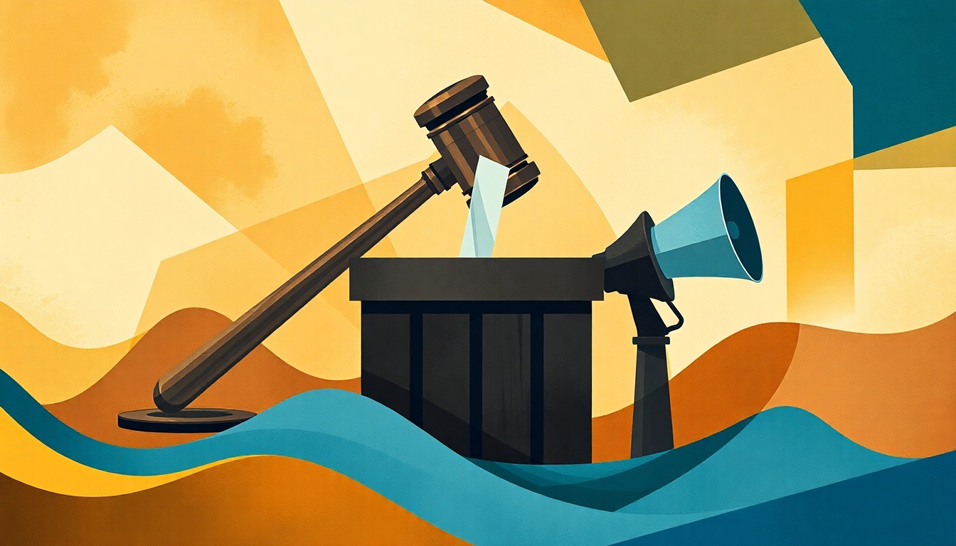 A dynamic, abstract painting featuring overlapping geometric shapes and lines in warm earth tones and cool blues, representing the fast-paced legislative process in Illinois.