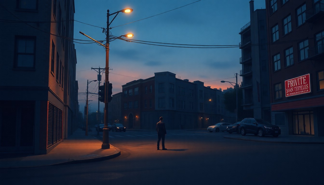 A shadowy, cinematic street scene with a lone figure standing in the dimly lit corner, conveying a sense of solitude and introspection.