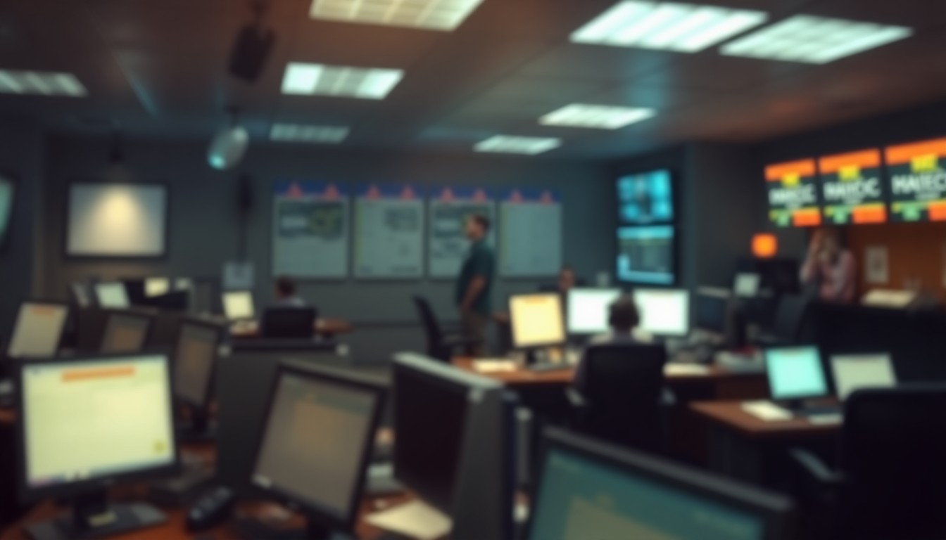 A softly focused, atmospheric scene of a dispatch center control room, with muted colors and pools of warm light, conveying the behind-the-scenes work of public safety telecommunicators.