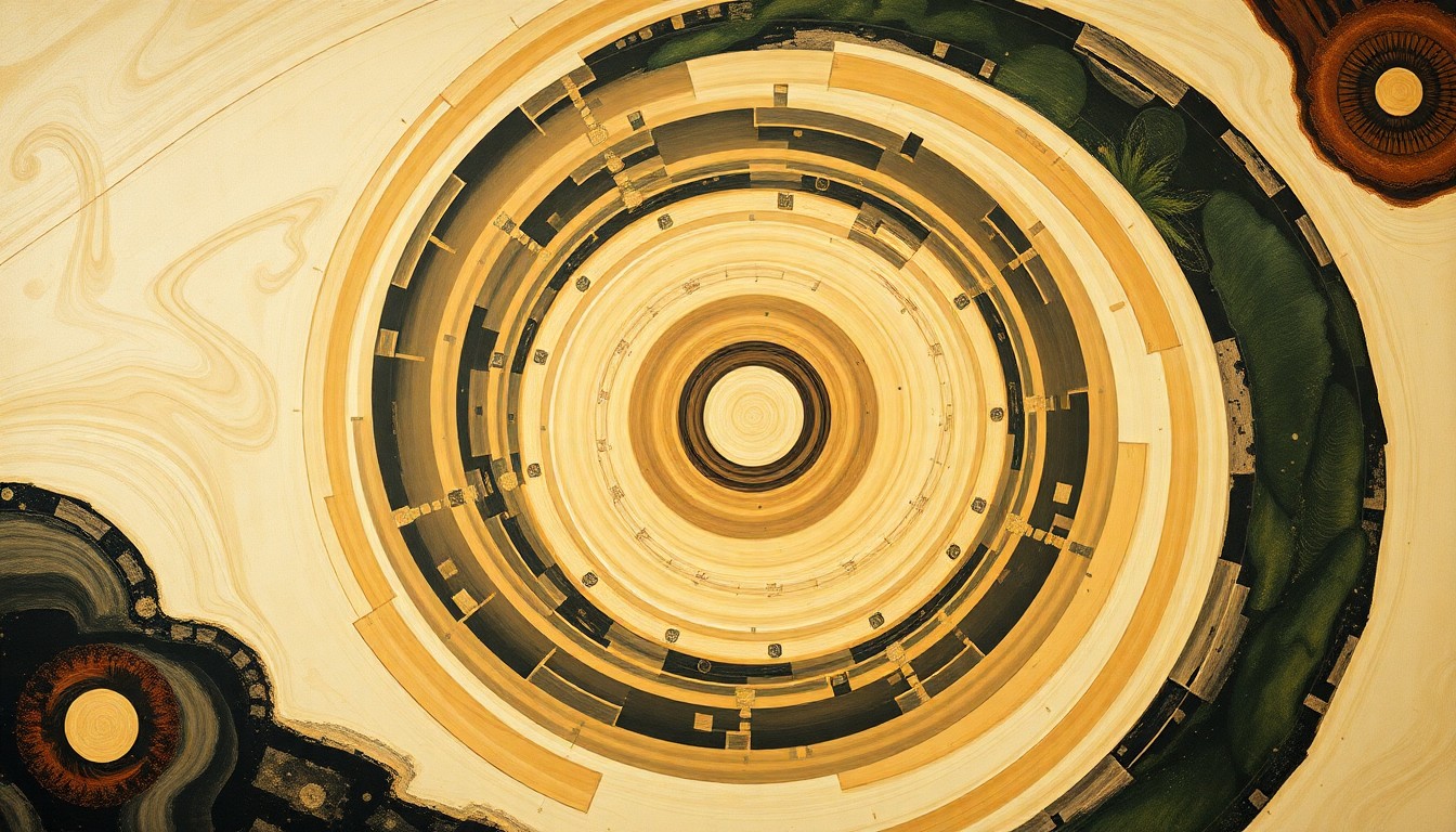 An abstract, highly structured painting in earthy tones, featuring sweeping geometric arcs, concentric circles, and precise botanical spirals, conveying the powerful forces of the natural world and the conflict between humanity and Gaia.