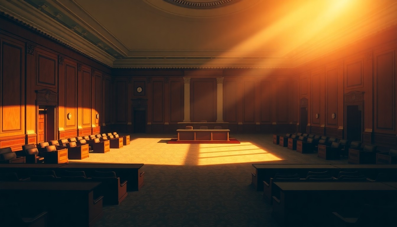 A quiet, cinematic painting of an empty government office or legislative chamber, with warm sunlight streaming in through the windows and deep shadows casting a melancholic mood, conceptually representing the public's disillusionment with the political process and the need for greater civic engagement.