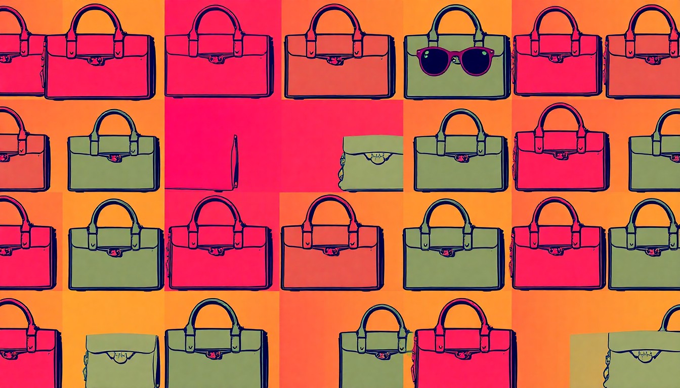 A bold, colorful silkscreen print featuring a repeated pattern of a luxury fashion accessory, conceptually representing the collaboration between Métier Maison and J.McLaughlin.