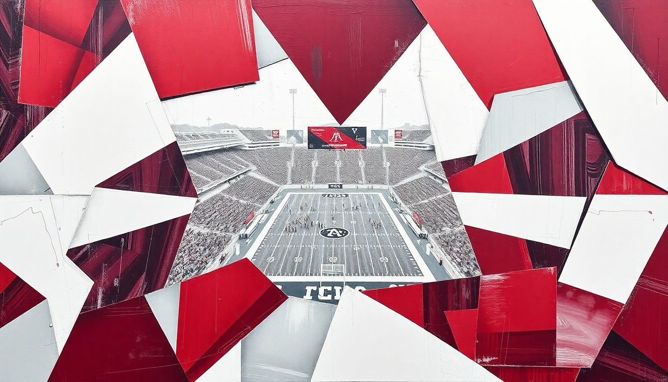 A fragmented, cubist-style painting depicting a Texas A&M football game, with the players and field broken down into sharp, overlapping geometric shapes in maroon, white, and gray tones.