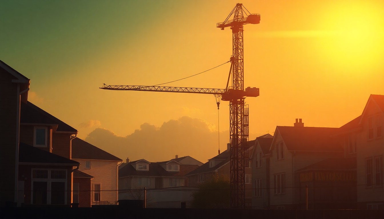 A cinematic painting depicting a solitary construction crane against a backdrop of residential homes, the scene bathed in warm, diagonal sunlight and deep shadows, conceptually representing the state's housing crisis and the need for more construction.