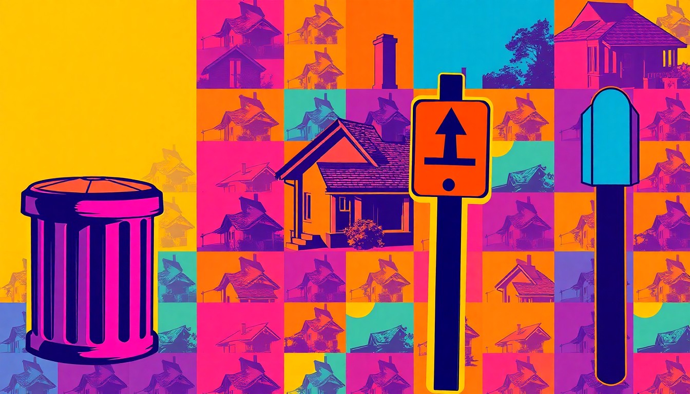 A brightly colored, high-contrast silkscreen print featuring repeated images of a composting bin, a house, and a trail marker in a grid pattern, conceptually representing the diverse non-profit efforts underway in Omaha.