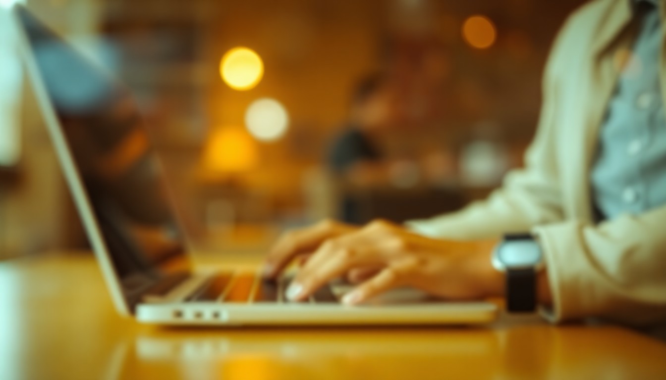 An extremely blurred, warm-toned photograph of a person's hands typing on a laptop computer, conveying the abstract concept of the job search process for those with a criminal record.