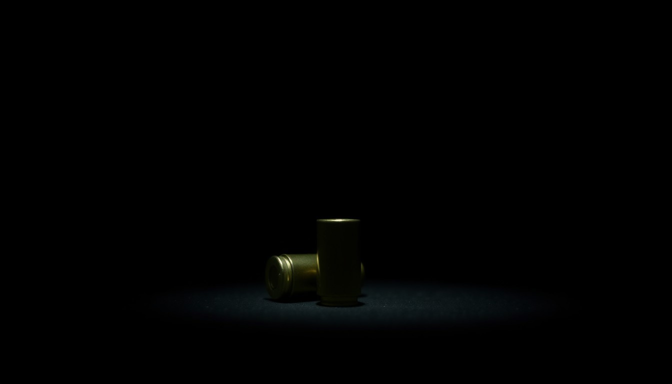 An extreme close-up photograph of a single gun part or ammunition casing against a pitch-black background, capturing the stark, gritty, investigative nature of the police search.