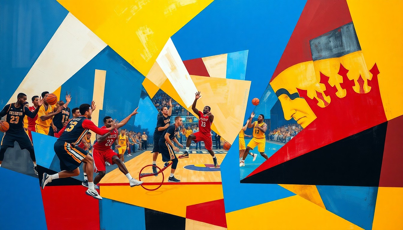 A fractured, multi-perspective painting featuring sharp, overlapping geometric planes in vibrant colors representing various sports competitions, capturing the energy and dynamism of Omaha's thriving athletic community.