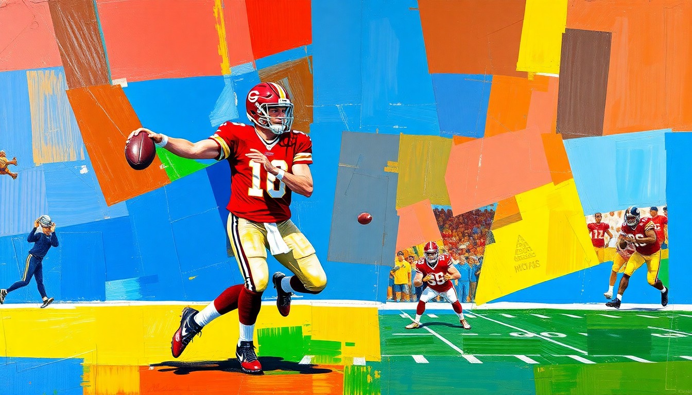 A cubist, geometric illustration depicting the fragmented, multi-angled movements of a quarterback dropping back to pass, with sharp planes of color and form capturing the complexity and uncertainty of the 2026 NFL Draft QB class.