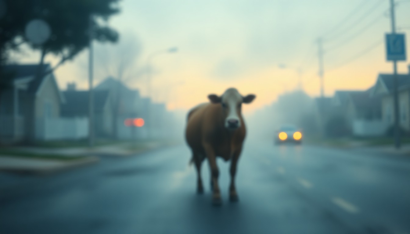 An extremely abstract, out-of-focus photograph depicting the blurred, dreamlike shapes of two cows wandering down a suburban street at dawn, their forms softened and obscured by the atmospheric lighting and rainy conditions, conveying a sense of whimsy and nostalgia.