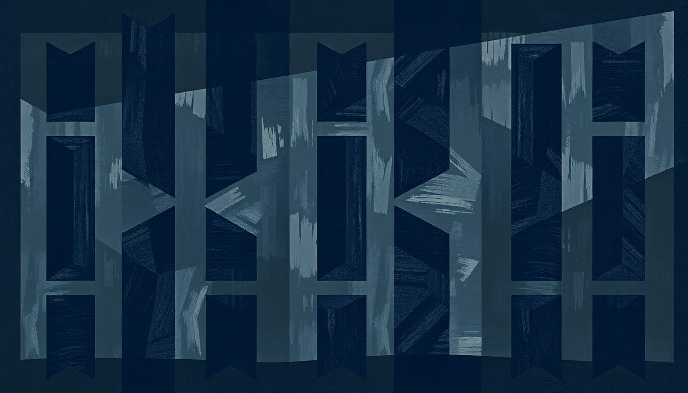 A fractured, overlapping geometric painting in dark grey and navy blue tones, depicting the silhouette of a prison cell door repeated in a pattern that suggests the motion and chaos of an overcrowded prison system.