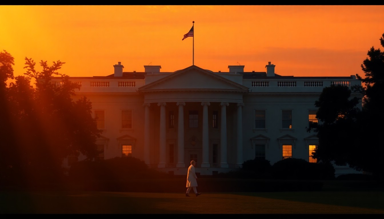 A quiet, cinematic painting of the partially obscured East Wing of the White House at dusk, with warm, diagonal sunlight and deep shadows creating a sense of political tension and uncertainty.