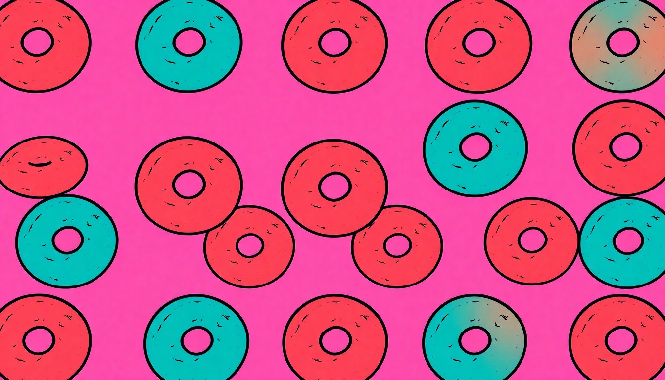 A highly stylized, pop art-inspired illustration featuring a repeating grid of a single, iconic bagel shape rendered in bold, neon-bright colors and heavy black outlines, conceptually representing the energy and innovation of the West Coast's thriving bagel scene.