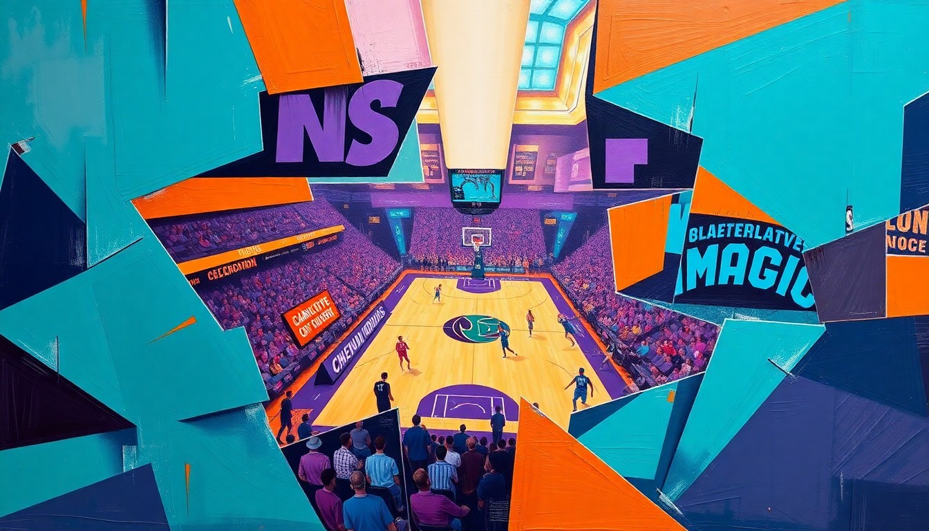 A cubist-style painting depicting a basketball game between the Charlotte Hornets and Orlando Magic, with the players and court broken down into overlapping geometric shapes and planes of vibrant teal, purple, and orange colors.