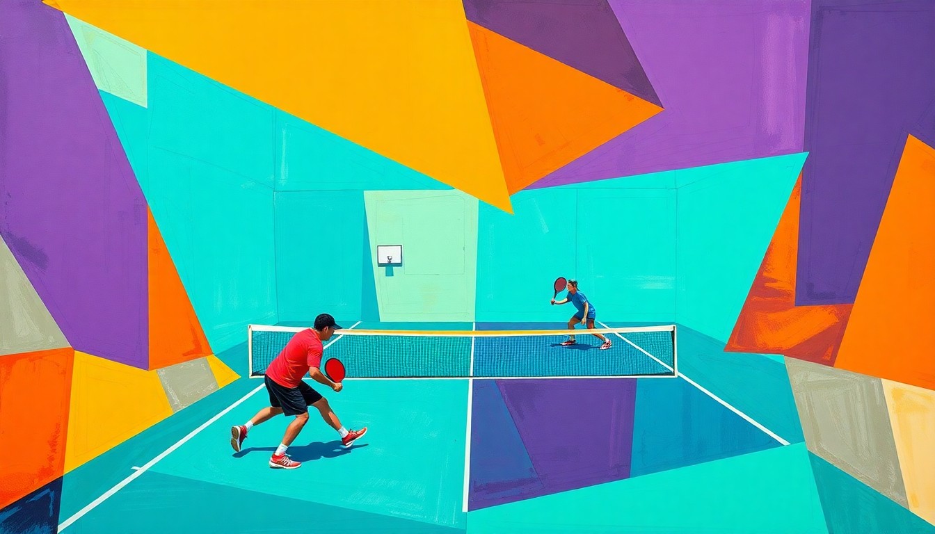 A cubist, geometric painting depicting a fragmented pickleball game, with sharp planes of teal, orange, and purple intersecting to create a dynamic, abstract representation of the sport.