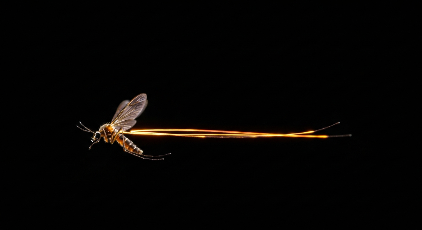 A vibrant, neon-outlined mosquito in flight against a dark background, conceptually representing the arrival of mosquito season and the need for vigilance in protecting against mosquito-borne illnesses.