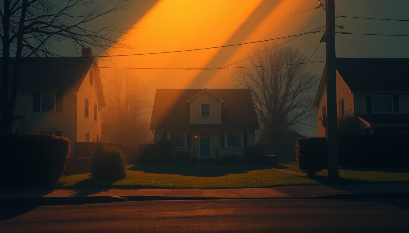 A serene, photorealistic painting of a residential street in soft, golden light, capturing the quiet mood and nostalgia of a small-town neighborhood.