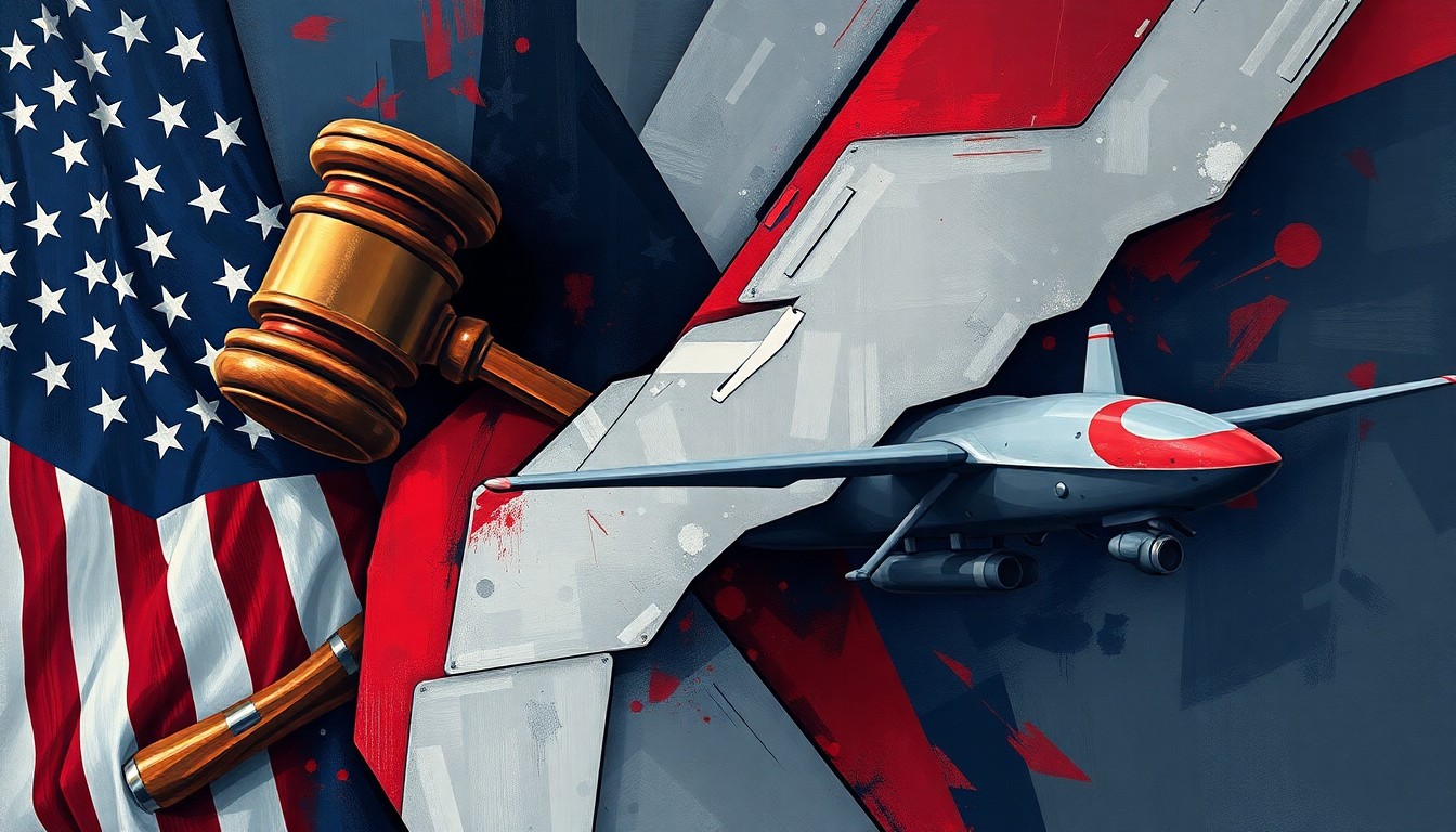 A vibrant, abstract painting featuring overlapping, fragmented shapes and lines in shades of navy, grey, and red, conceptually representing the fractured political dynamics surrounding the House vote on Iran war powers.