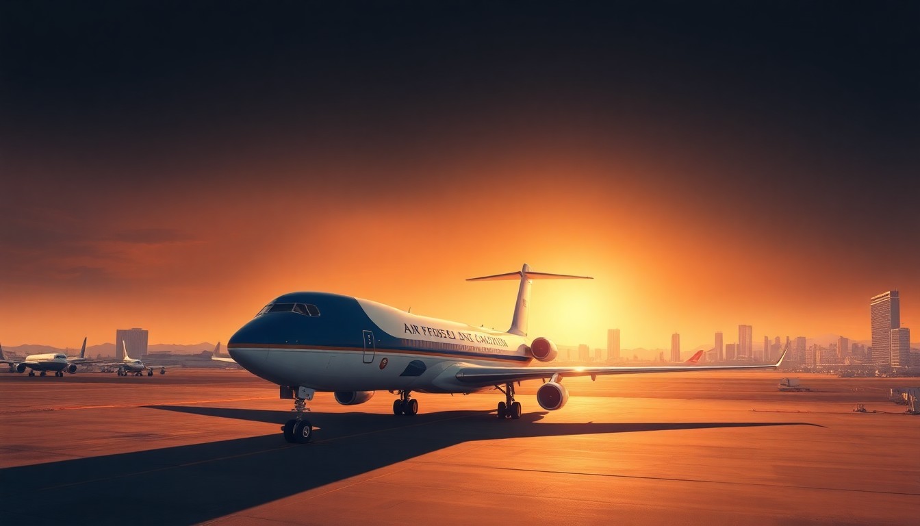 A serene, cinematic painting depicting Air Force One aircraft parked on the tarmac of a bustling airport, with the city skyline of Las Vegas visible in the background, bathed in warm, diagonal sunlight and deep shadows, conveying a sense of political power and nostalgia.
