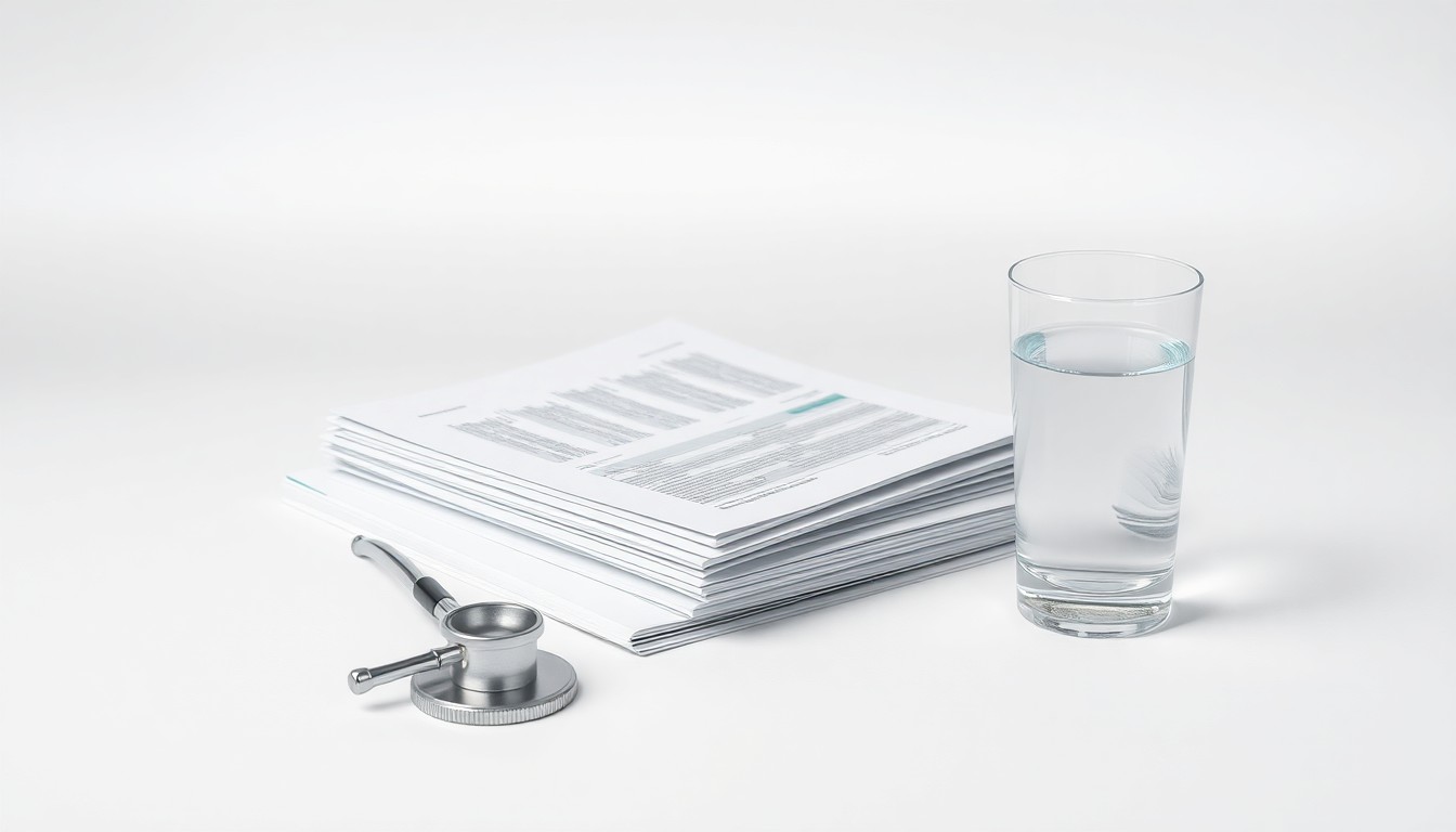 A photorealistic studio still life featuring a polished metal medical device, a stack of financial documents, and a glass of water, symbolizing the healthcare, financial, and corporate transition aspects of Enhabit's merger with Kinderhook.