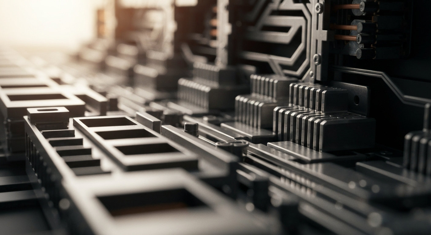An extreme close-up of intricate gears, levers, and metal components of a large banking machine, conveying a sense of the complex financial infrastructure that powers the mortgage industry.