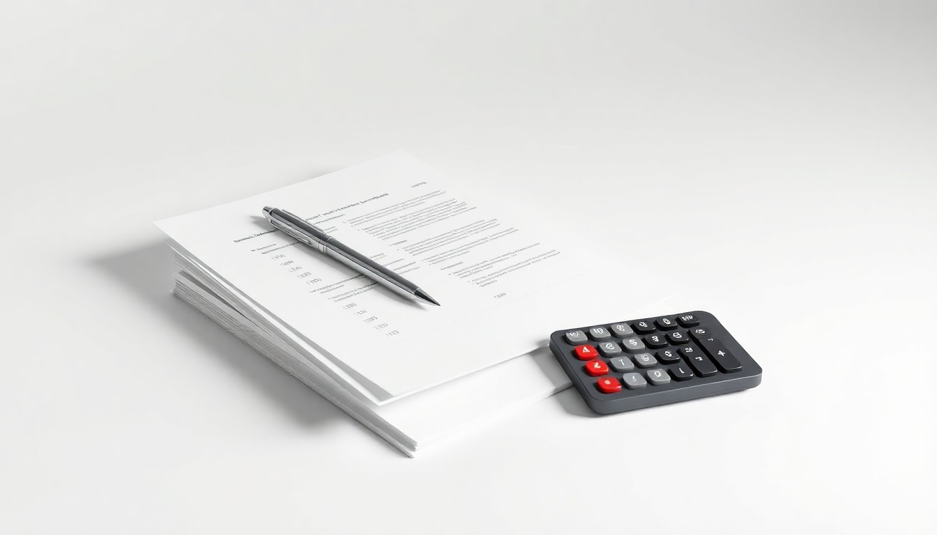 A photorealistic studio still life featuring a stack of financial documents, a pen, and a calculator arranged elegantly on a clean, white background, conceptually representing Radian's corporate strategy and financial performance.