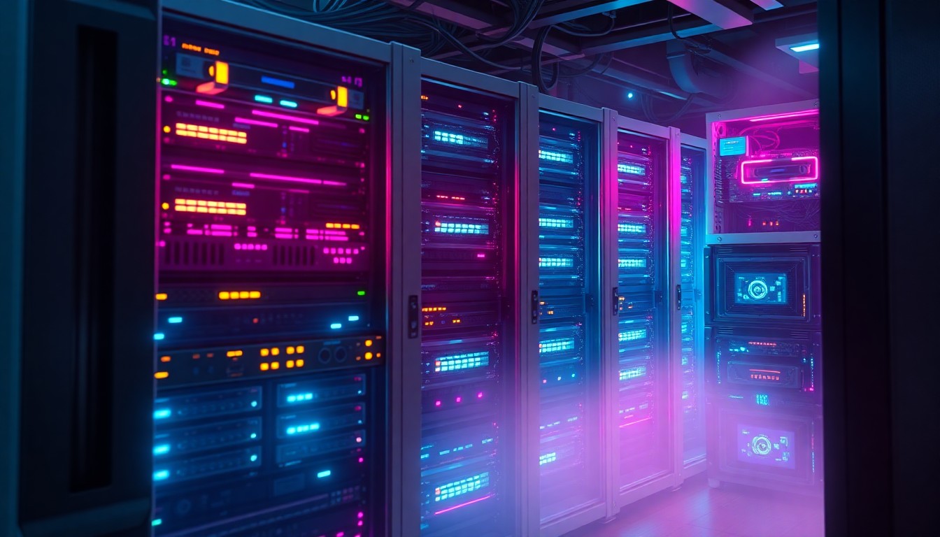 A highly detailed, glowing 3D macro illustration of a futuristic, modular edge data center server rack, with intricate hardware components and cooling systems illuminated by neon cyan and magenta lights, conveying a sense of advanced, interconnected technology powering the next generation of intelligent edge applications.