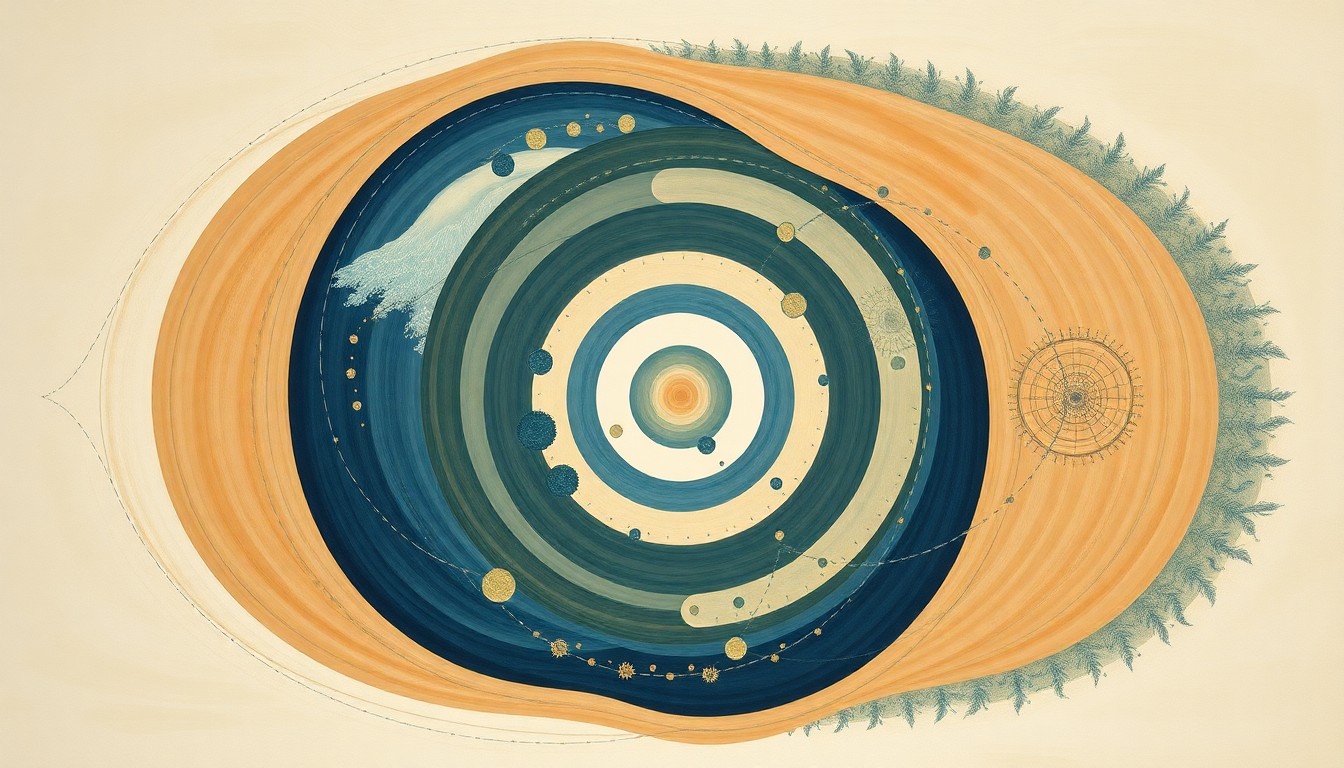 A highly textured, abstract painting in earthy tones featuring sweeping geometric shapes and precise botanical spirals, conceptually representing the complex interplay of ocean currents, marine life, and the impacts of climate change on fragile ecosystems.