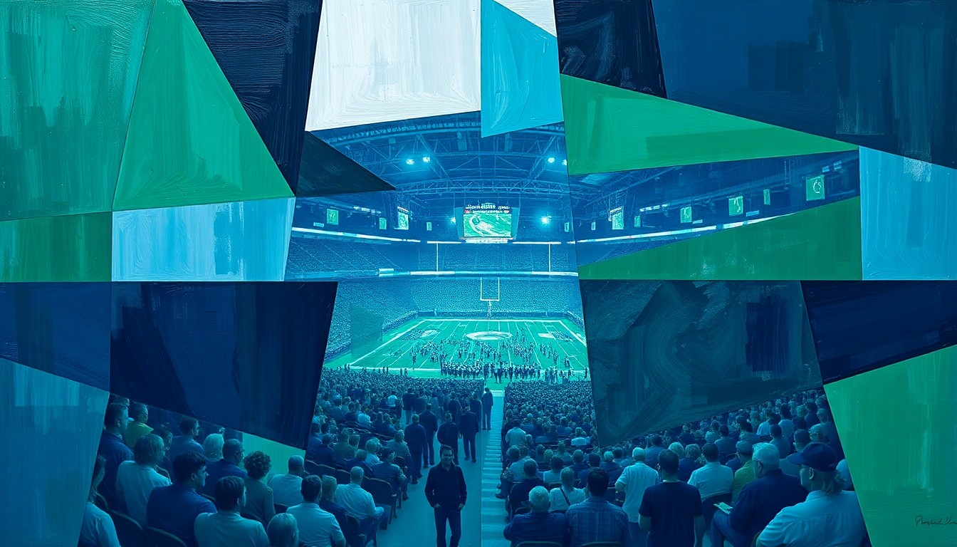 A cubist, geometric painting depicting the fractured, multi-perspective view of a Seattle sports arena filled with passionate fans, capturing the shifting nature of the city's sports rivalries.