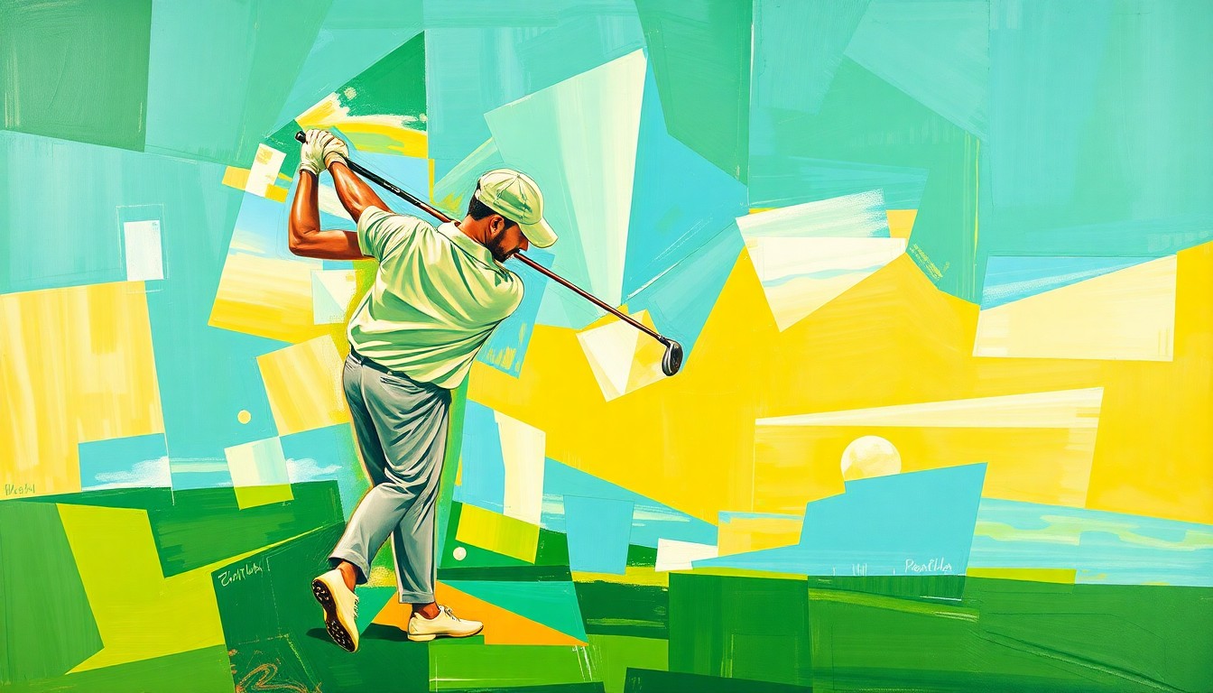 A cubist, geometric painting depicting the various angles and movements of a golfer's swing, conveying the dynamic energy and skill of the sport.